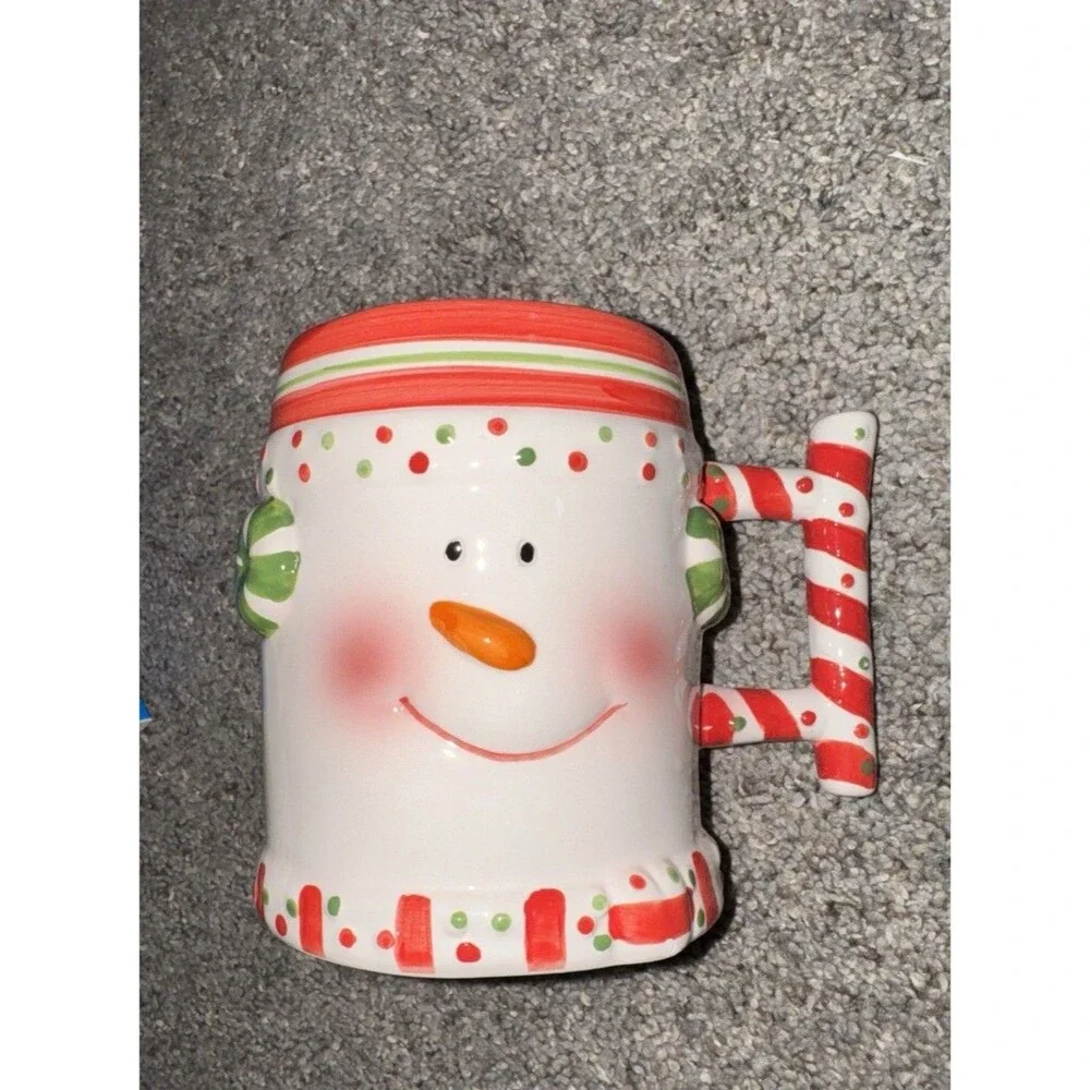 Snowman Mug Peppermint Cheeks Ears Handle Christmas red green white Dots